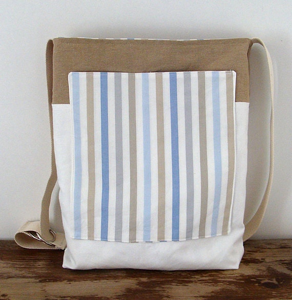 Canvas tote bag: stripes, blue, white, beige