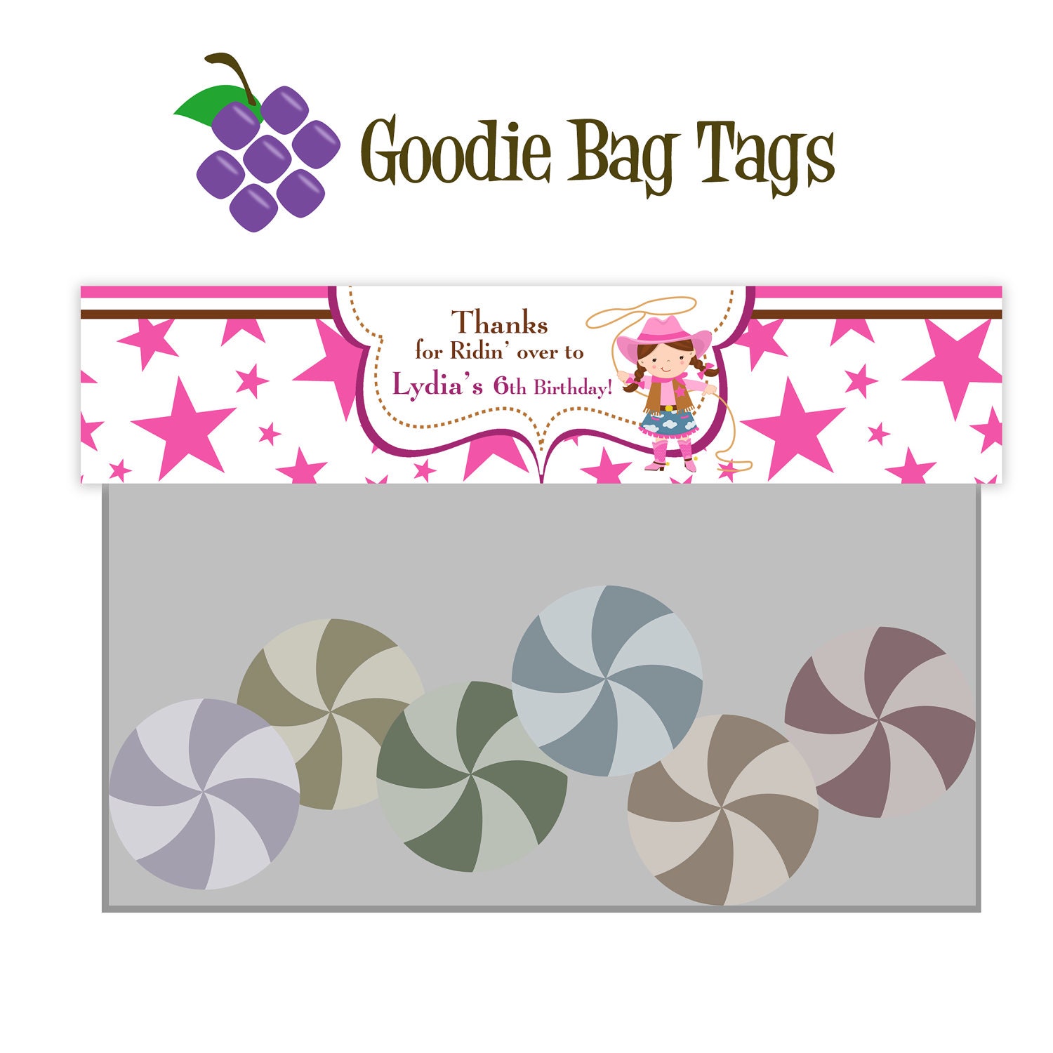 Cowgirl Treat Bag Tag - Pink Stars Brown Polka Dots Girl Cowgirl and Horse Birthday Party Double Sided Goodie Bag Label - Digital Printable