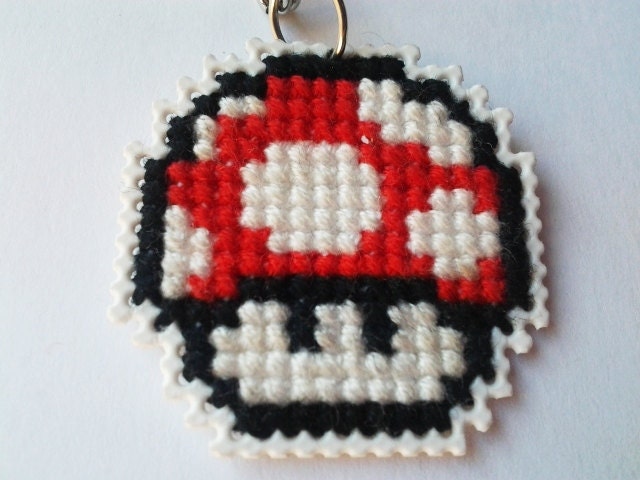 Mushroom cross stitch keychain
