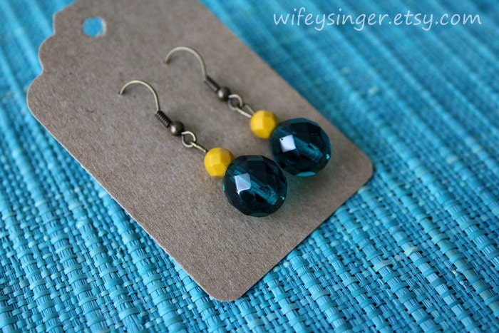 earrings: deep sea and mustard czech glass