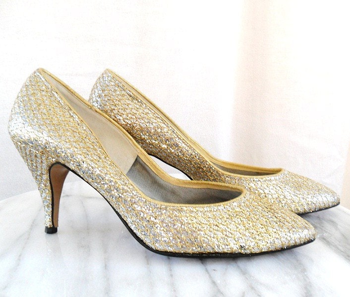 Silver and Gold. Fancy Jacques Lavine Glitter Pumps. Vintage. Size 8
