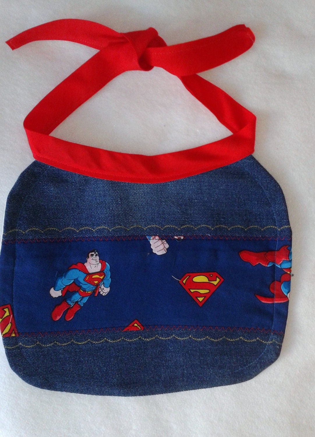 Upcycled Denim Superman Baby Bib OOAK Large sized