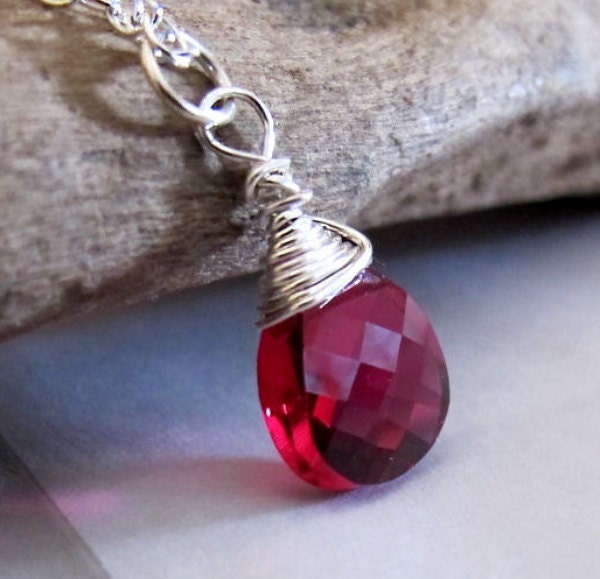 Ruby Swarovski Pendant Necklace - Sterling Silver Necklace w/h wrapped Briolette faceted crystal - Elegant Jewelry