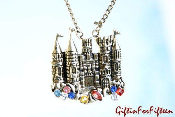 Conquer Me - Unisex Vintage Style Rhinestone Castle Necklace Antique Bronze Plated Steampunk Nerdy Jewelry OOAK by Giftin For Fifteen
