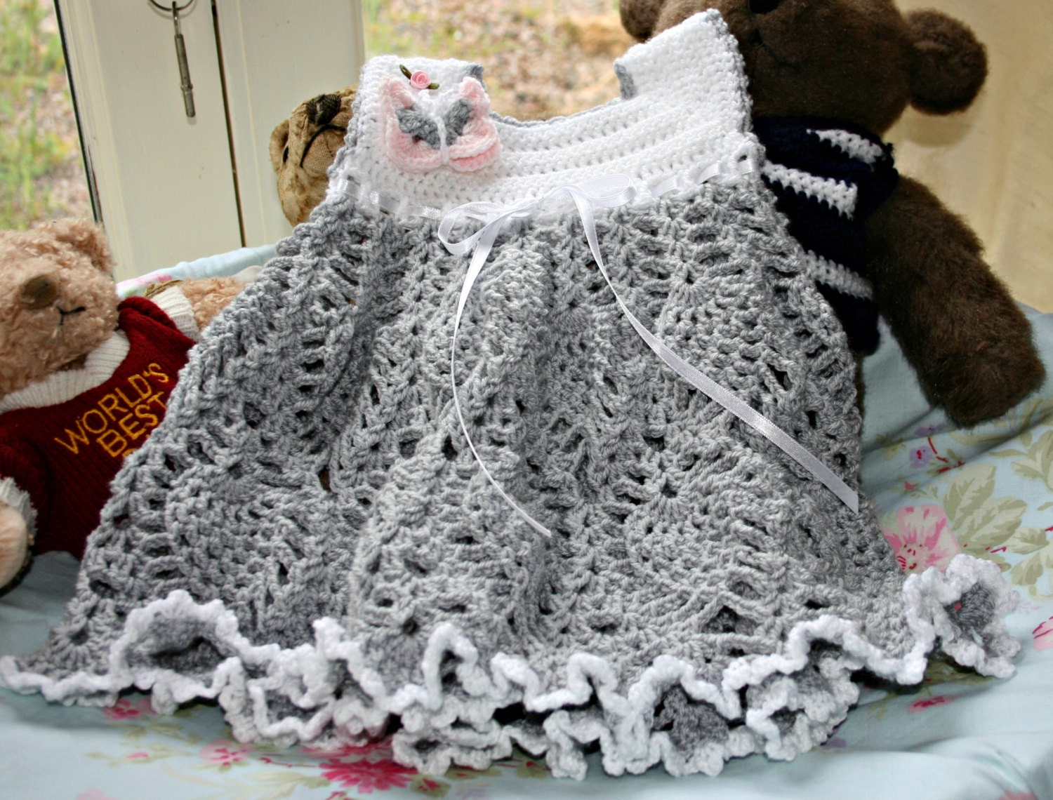 Crochet little girls dress crochetyknitsnbits hand made girl clothes Toddler dress lacy party dress silver grey & white baby 12 to 24 months