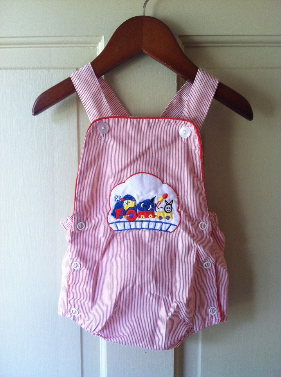 Vintage Baby Red Striped Jumper Romper Overalls