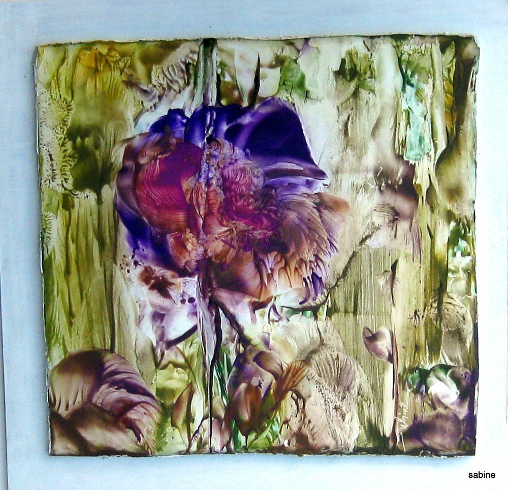 lOriginal Encaustic Abstract purple lavender blue floral 12"x12" StudioSabine