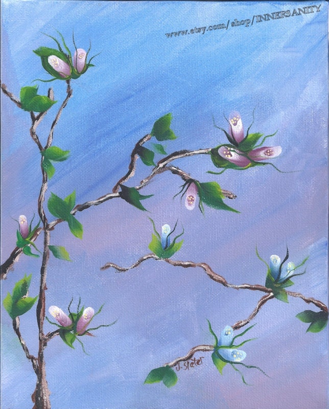 Rosebuds - Original Acrylic Painting, Rosebuds, Pink Roses, Blue Roses, Leaves, Sky, Fine Art Print