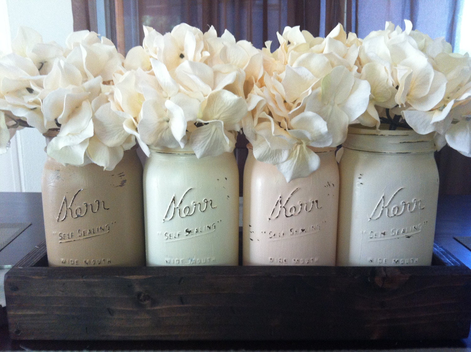 Rustic Mason Jar and wood box table Centerpiece wedding shabby chic distressed vase Peach/Brown