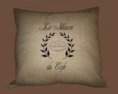 Vintage French Cafe Typography on BURLAP pillow slip 16x16 - image in ANY COLOR