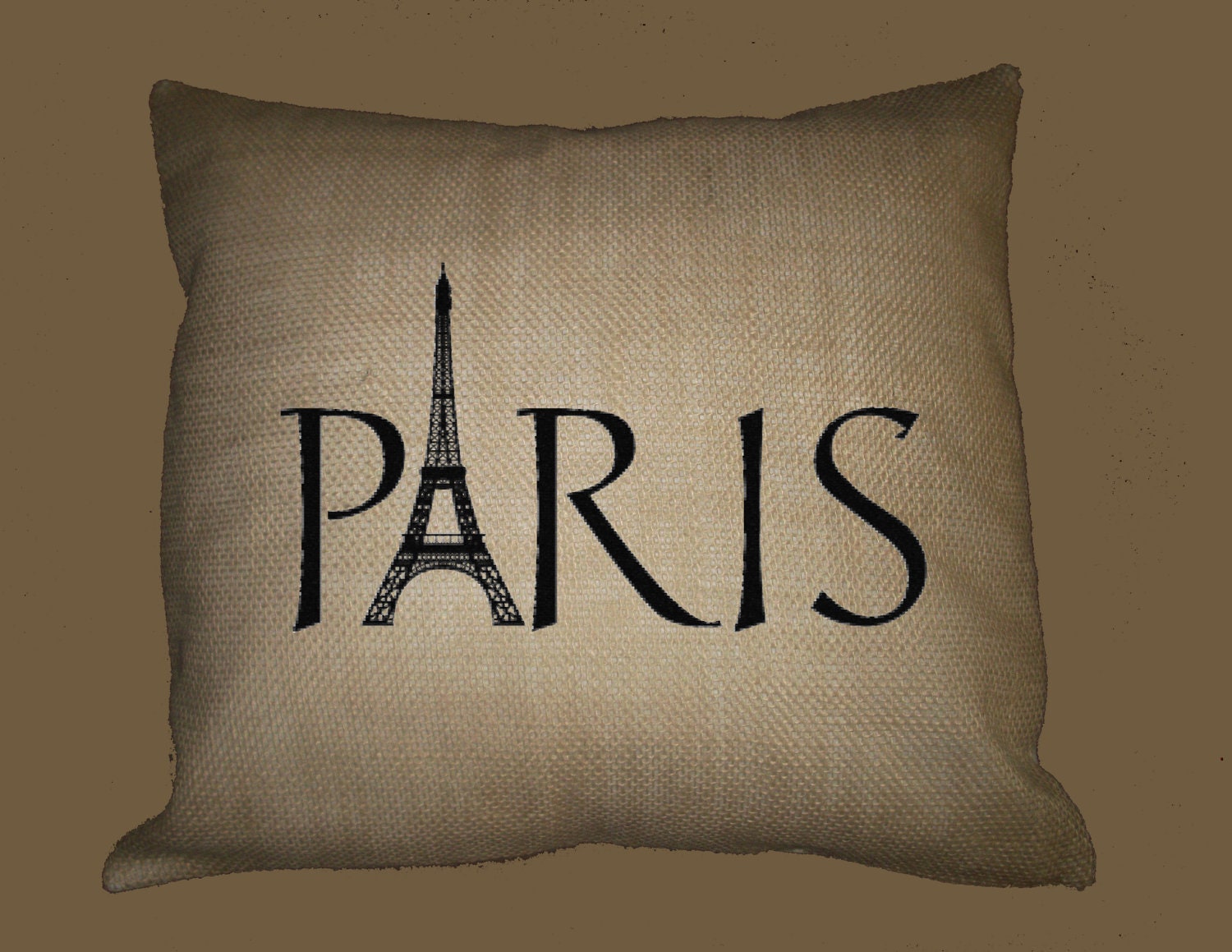 Burlap Pillow Slip,  Paris Eiffel Tower Typography, HANDMADE 16x16 - image in ANY COLOR