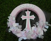 Baptism, Christening or First Communion Custom LARGE Door Wreath - Delicate pink and white with Cross and Name Il_170x135