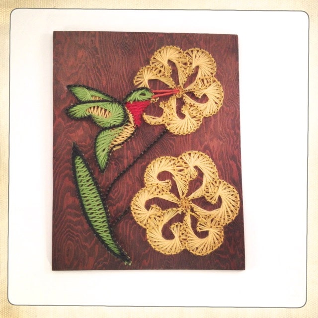 vintage string art hummingbird with flowers 1973 Retro Wall Decor