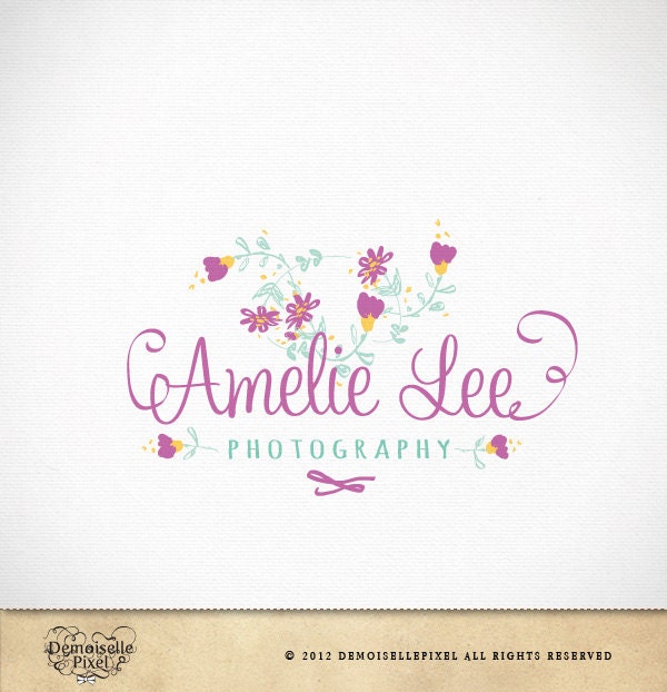 Logo Design Hand Drawn Whimsical Flowers Calligraphy Text for Photography, Photographer, Boutique
