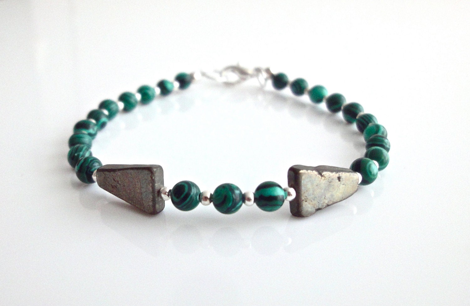 Dainty green and gold gemstone bracelet, with Malachite and Pyrite semi precious beads - PollyAJewellery