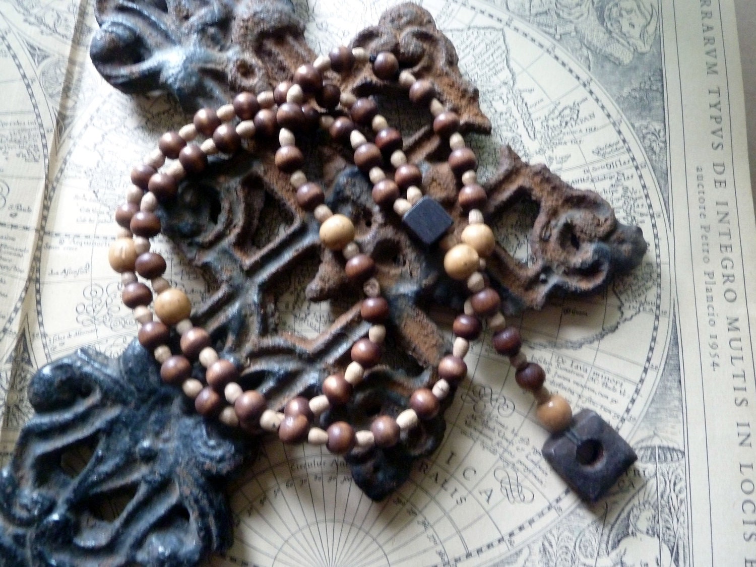 Rustic rosary with wood beads and chunky black screw nut
