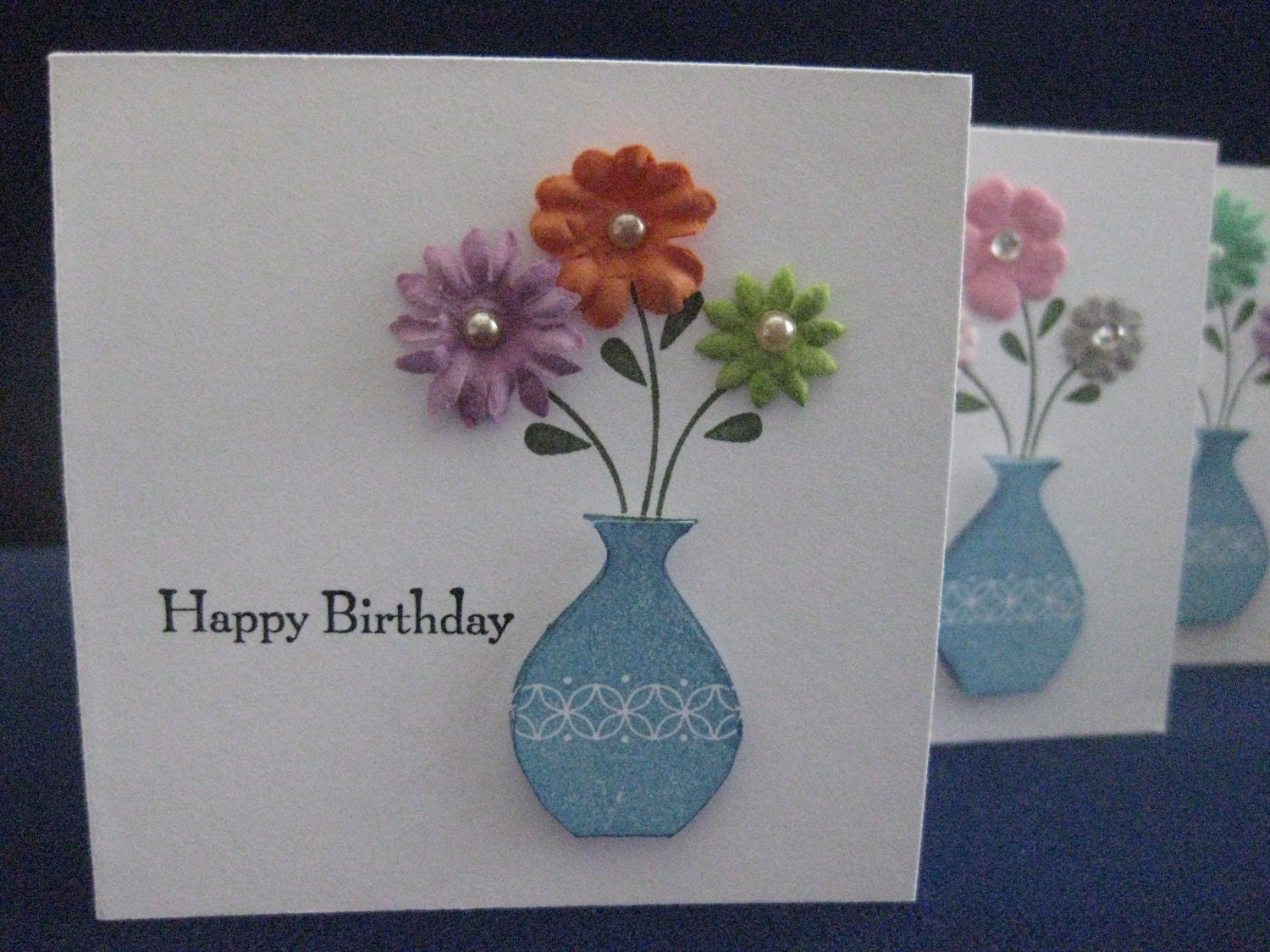 Set of 4 Cute Little Mini Gift Enclosure Cards w/ Vase of Flowers, Buttons, Pearls & Rhinestones