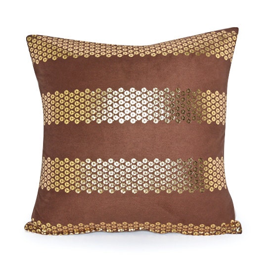 20" x 20" Chocolate Brown & Gold Stripe Suede Throw Pillow Cover