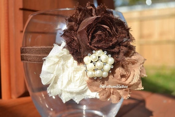 Baby Girl Headband Shabby Chic Flower, Newborn, Infant or Toddler, Vintage Style, Pearl Center, Ivory Brown Latte, Thanksgiving Fall Autumn