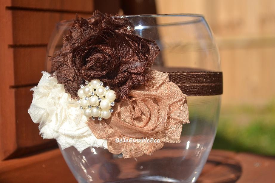 Baby Girl Headband Shabby Chic Flower, Newborn, Infant or Toddler, Vintage Style, Pearl Center, Ivory Brown Latte, Thanksgiving Fall Autumn
