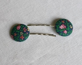 Navy Blue & Pink Floral Fabric Covered Button Hairslides