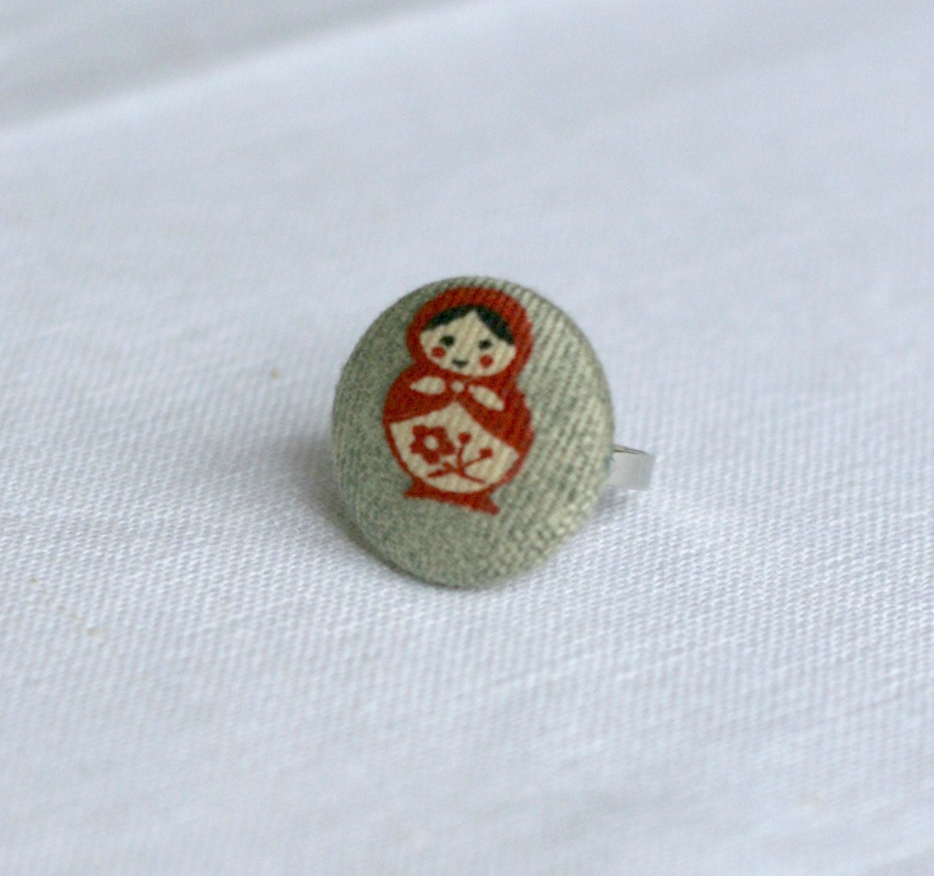 Red Russian Doll Fabric Covered Button Ring