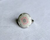 Grey & Pink Patterned Fabric Covered Button Ring