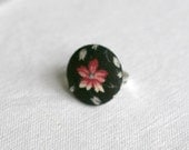 Black & Pink Floral Fabric Covered Button Ring