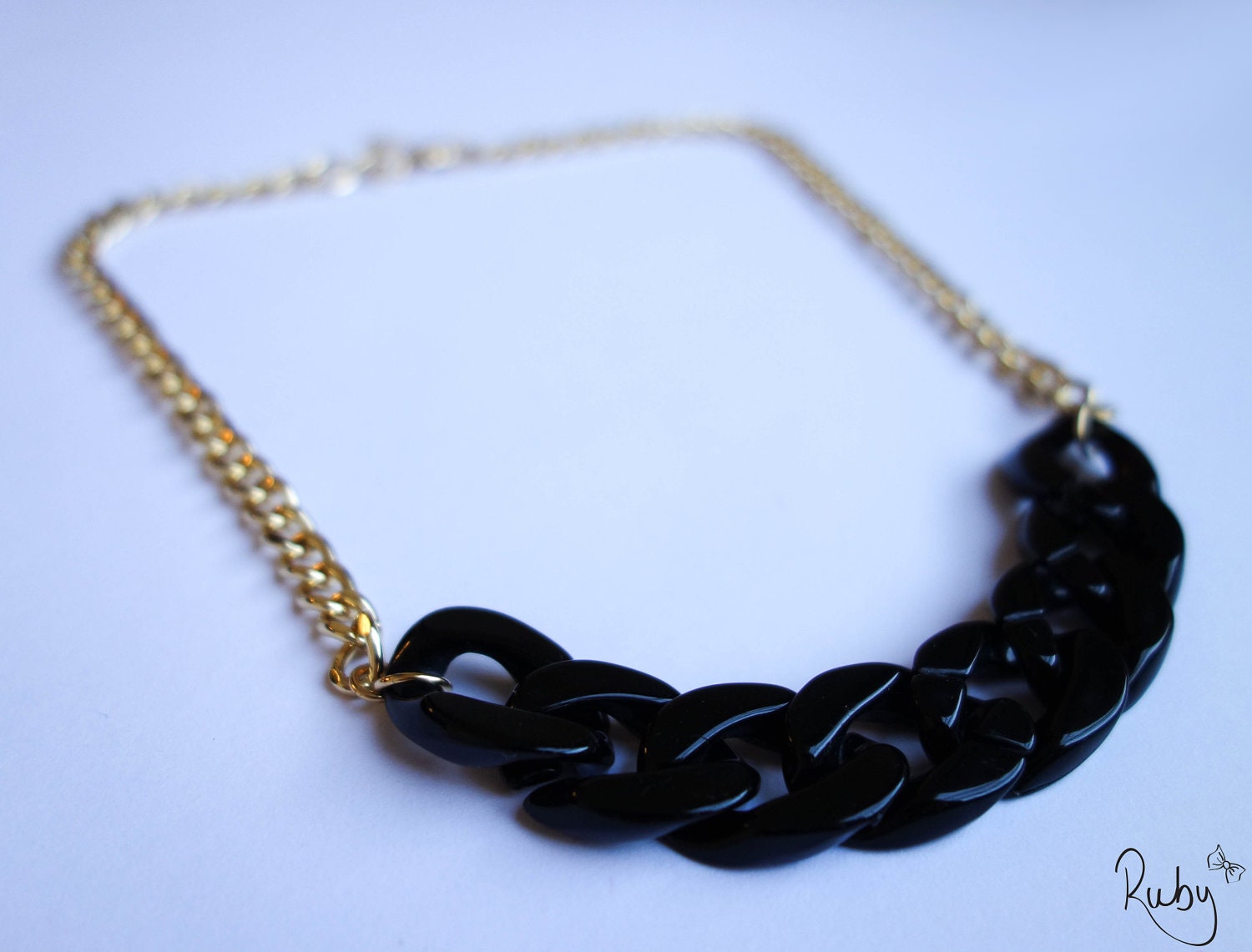 Black Statement necklace - Black acrylic link chain and 24k gold plated chain