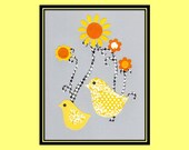 Gray and Yellow Bird Wall Art, Girls Yellow & Gray Decor, Damask Peeps, Modern Orange Sunflowers  8 x 10 collage prints