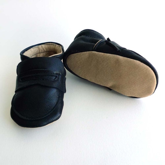 Black Leather Baby Boy Shoes Loafers dress crib shoes by ajalor