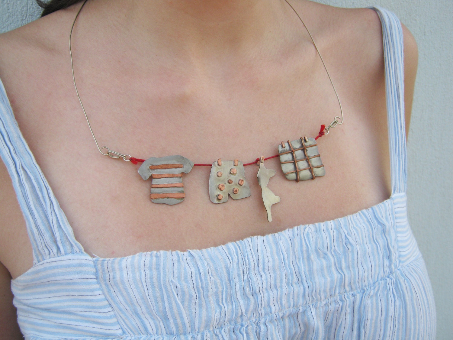 Funny jewelry :  Laundry Day - Statement necklace made by Alpaca Silver  - Give a Whimsical Art Necklace as a Funny Gift