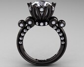 French Antique 14K Black Gold 3.0 Carat White Sapphire Diamond Solitaire Wedding Ring Y235-14KBGDWS