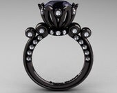 French Antique 14K Black Gold 3.0 Carat Black Moissanite Diamond Solitaire Wedding Ring Y235-14KBGDBO