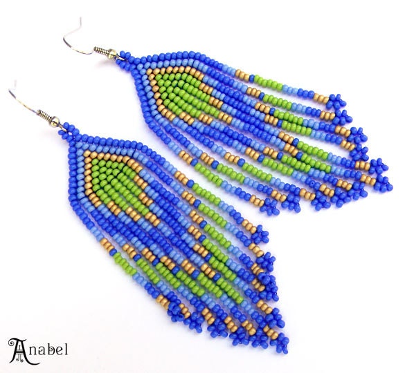 Blue, Green and Beige Native American Style Seed Bead Earrings