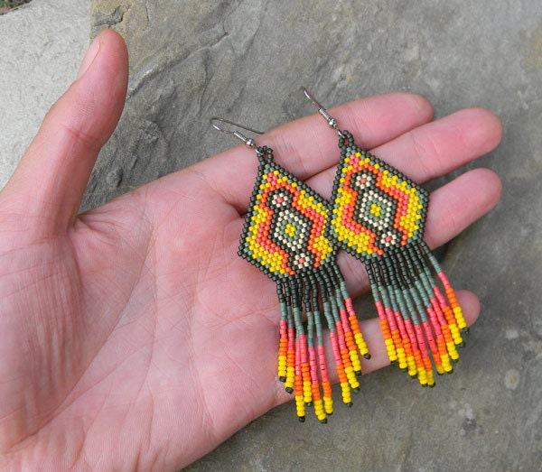 Colorful Native American Style Seed Bead Earrings with original design in yellow, orange, green tones