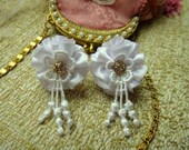 Bridal Wedding Earrings Gift White Lace Satin Ribbon Rhinestone Bride Bridesmaid Flower Girl Romantic Pure Fabric Flower Clear