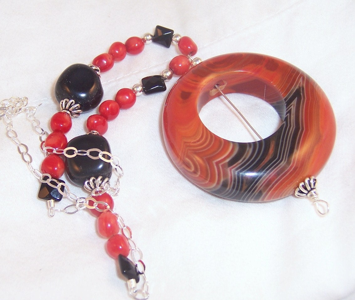 Red Coral Necklace, big red coral donut pendant