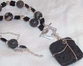 Lava rock necklace, black lava rock wire wrapped pendant necklace