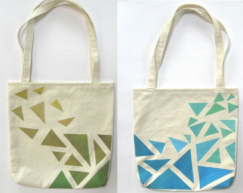 Hand Painted Tote Bag Eco Friendly / Reusable Shopping Bag / Grocery Bag Triangles Olive Green Mustard Blue Aqua Teal Mint Green