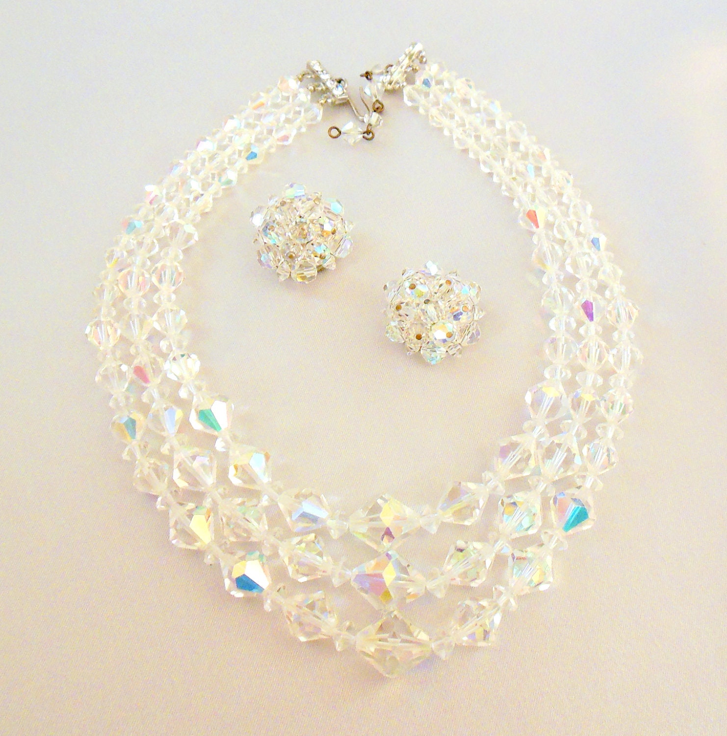 Vintage Crystal Necklace Triple Strand with Matching Earrings