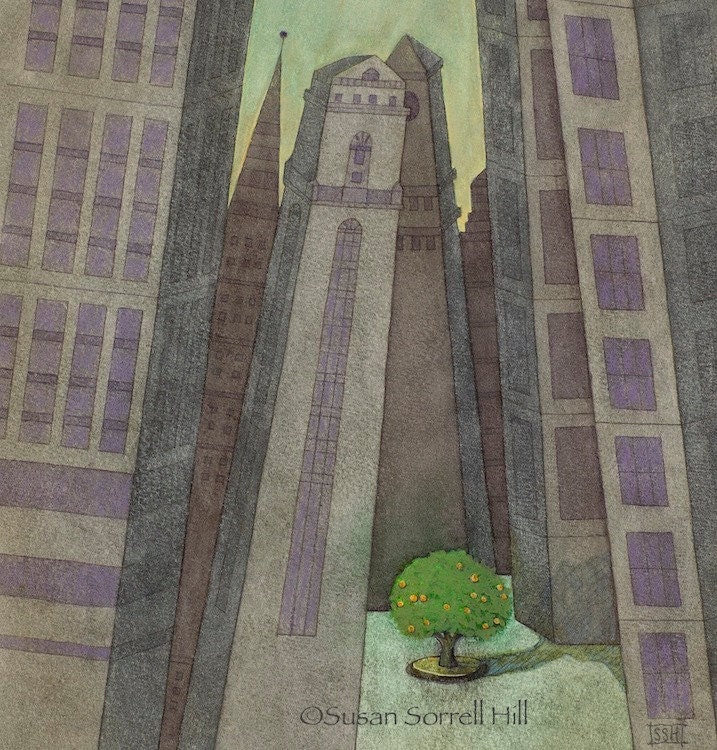 Life In The City watercolor original painting fairytale art skyscraper tree Susan Sorrell Hill