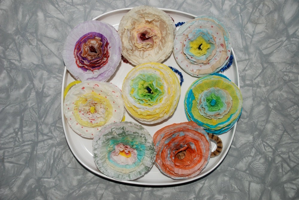 Playful- upcycled handmade tissue paper flowers for centerpieces, party favors etc.