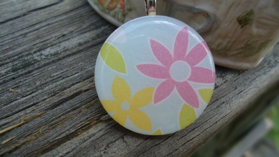 Pastel Flowers in Pink, Light Blue and Yellow, Wood