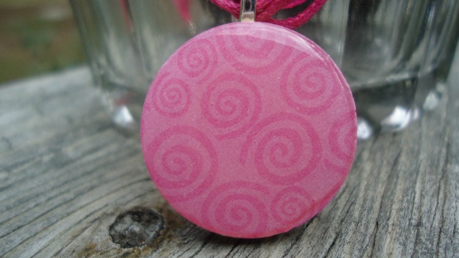 Swirls in Pink on Wood, Circle Pendant, Light and Fun