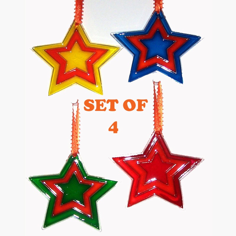 CHRISTMAS ORNAMENTS - Stars  -Set of 4 - Acrylic - Yellow - Red - Blue - Green - Orange- Hand Stained Home Decor
