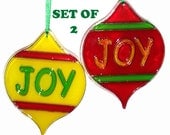CHRISTMAS ORNAMENTS - Christmas Bulb Joy  -Set of 2 - Acrylic - Yellow - Red - Green - Orange- Hand Stained Home Decor