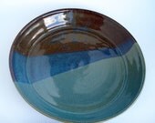 Green, blue, and brown ceramic pie plate: Stoneware pottery