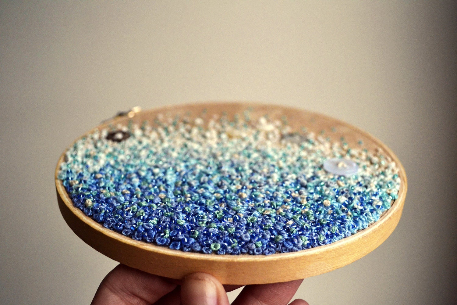 Calm Blue Sea -  Gradient Embroidery Hoop Art - French Knots, Beads, and Vintage Buttons