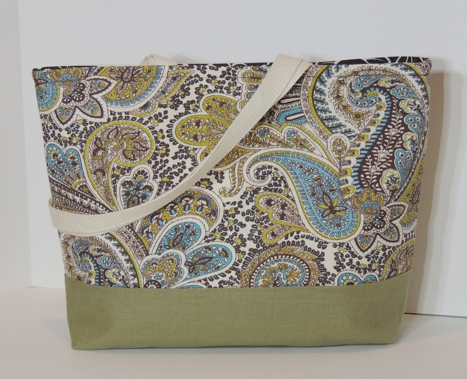 Paisley and Neutral Colors Cotton Canvas Handmade Women's Beach, Purse, Diaper, Shopper, Tote Bag